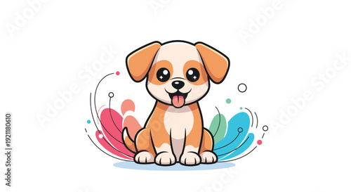Adorable brown and white puppy sitting calmly with a joyful expression and its tongue out against colorful shapes.