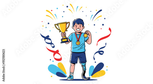 Triumphant young athlete with a prosthetic leg holding a gold trophy and wearing a medal amidst festive confetti.