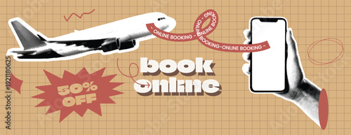 Retro Vintage Pop Art Comic Style Halftone collage Travel Agency Banner Template for summer vacation banner Online travel booking concept with airplane, phone,  travel discount on grid background