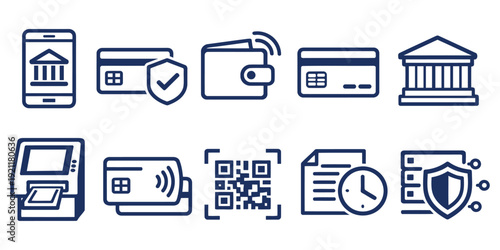 AI Technology Finance Icons Set Bold Outline Navy Blue Mobile Banking Online Payment Digital Wallet Credit Card ATM QR Contactless Payment Gateway Vector
