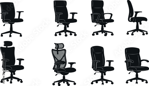 Set of eight ergonomic office chair icons with adjustable armrests and headrests isolated on white background for corporate workplace design.