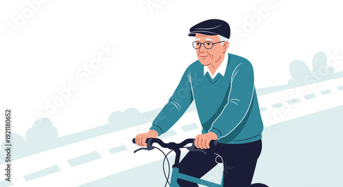 Healthy elderly man wearing a flat cap and glasses riding a bicycle along a path for outdoor exercise and recreation.