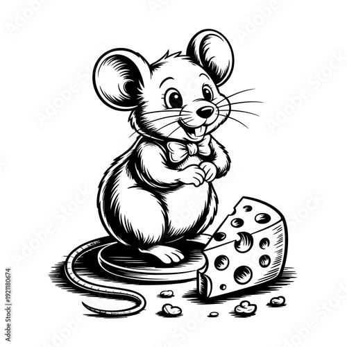 A charming cartoon mouse wearing a bowtie stands next to a slice of Swiss cheese.