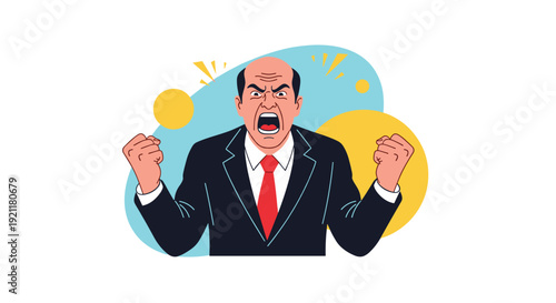 Furious bald businessman in a dark suit and red tie shouting with clenched fists against an abstract background.