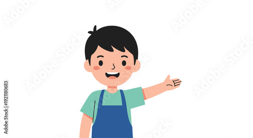 Friendly young boy wearing a green shirt and blue apron gesturing with his hand as if introducing or presenting something.