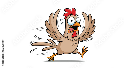 Hysterical brown chicken with wide eyes and open beak running fast in panic while flapping its wings in distress.