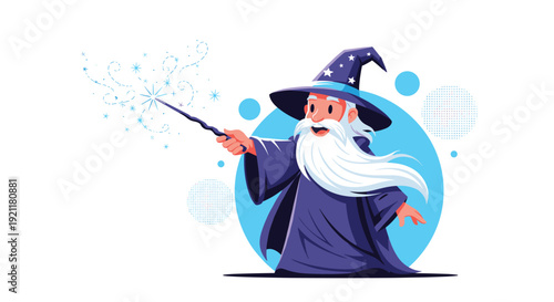 Wise elderly wizard with a long white beard wearing a blue starry robe and hat while casting a magical spell with a wand.