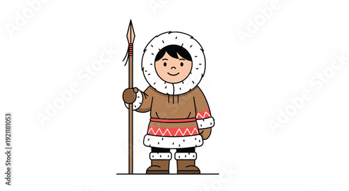 Traditional Inuit person wearing a warm brown parka and fur hood holding a wooden spear on a plain white background.