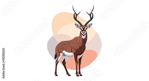 Elegant brown antelope standing gracefully against a soft abstract background with rounded shapes in pastel colors.
