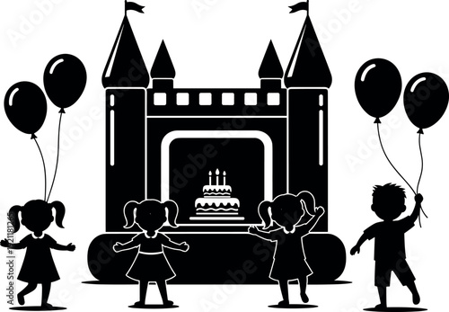Silhouette of children celebrating at a birthday party with a bouncy castle, balloons, and a cake, isolated on white background.