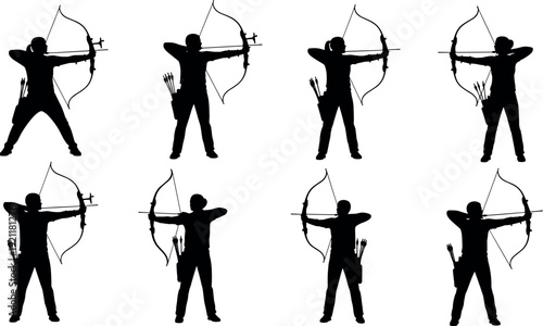 Silhouette of Female Archer Training with Recurve Bow and Arrows in Various Poses for Sport Competition Archery Club and Outdoor Hobby
