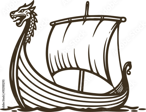 Viking Longship Line Drawing Illustration