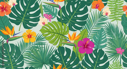 Tropical Leaves and Flowers Pattern Design.