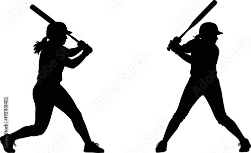 Silhouette of female softball players in batting stance and mid-swing positions isolated on white background for sports vector design.