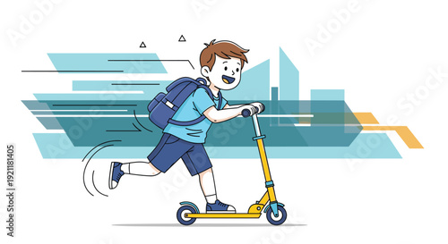 Active boy with a blue backpack riding a yellow kick scooter quickly through a modern city with abstract buildings.