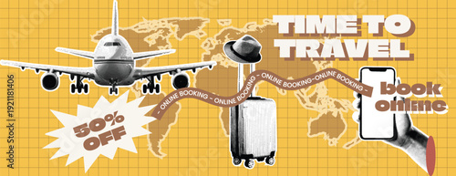 Retro Vintage Pop Art Comic Style Halftone collage Travel Agency Banner Template for summer vacation Online Booking banner with airplane, suitcase, phone, discount, and world map on grid background