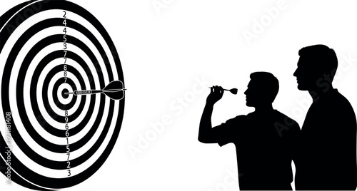Silhouette of two men playing darts aiming at a target board with numbers representing business goals achievement and success concept