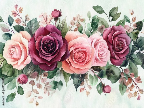 delicate watercolor bouquet of pink and burgundy roses with green leaves and rosebuds, soft romantic floral arrangement