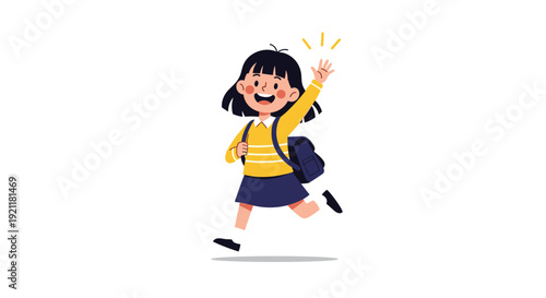 Happy little schoolgirl with a backpack running and waving her hand with a big smile on a clean white background.