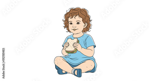Cute young girl with curly hair sitting on the floor and eating a healthy sandwich with fresh lettuce and bread.