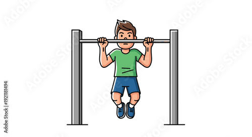 Strong young man in a green t-shirt and blue shorts performing pull-ups on a metal bar for fitness and strength.