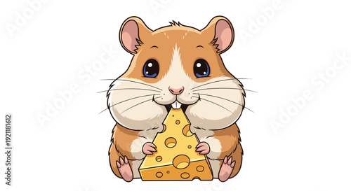 Adorable brown hamster with big eyes sitting and enjoying a large slice of yellow Swiss cheese with holes in it.