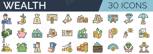 Collection of icons representing wealth and financial concepts in a grid layout on a clean background from a top-down viewpoint