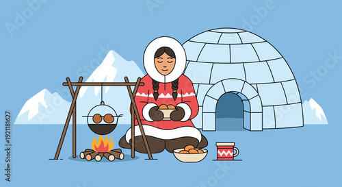 Indigenous Inuit woman cooking a healthy meal over an open fire in a snowy landscape near a traditional ice igloo.