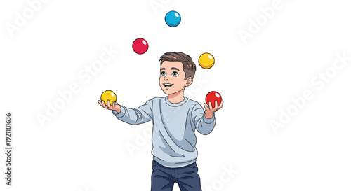 Talented young boy in a grey sweater juggling five colorful balls in the air with skill and a happy expression.