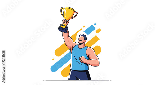 Strong muscular athlete wearing a blue tank top celebrating his victory by holding up a golden trophy high in the air.