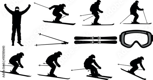 Skiing Silhouettes Set with Professional Skiers Goggles and Equipment Isolated Icons for Winter Sports Outdoors Alpine Slalom and Mountain Activities
