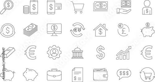 Finance banking line icons set, money payment wallet shopping savings investment currency symbols editable vector outline collection pack