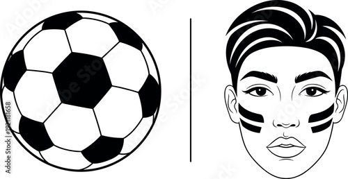 Soccer Football Ball and Athletic Fan Portrait with Face Paint Stripes Vector Illustration for Sports Competition and Tournament Branding Design.