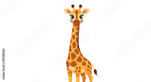 Giraffe character illustration displays a cute baby animal with long neck, large expressive blue eyes, and orange spotted patterns on white background.