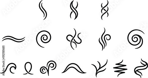 Abstract swirl and wind icon set with wave curves, spiral shapes and flowing lines decorative vector collection for design elements and motion concepts