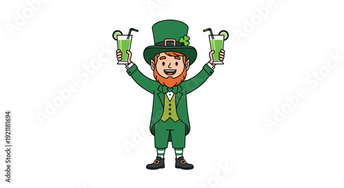 Leprechaun wearing a green suit and top hat celebrates Saint Patricks Day by holding two glasses of green beverage with lime slices and black straws.