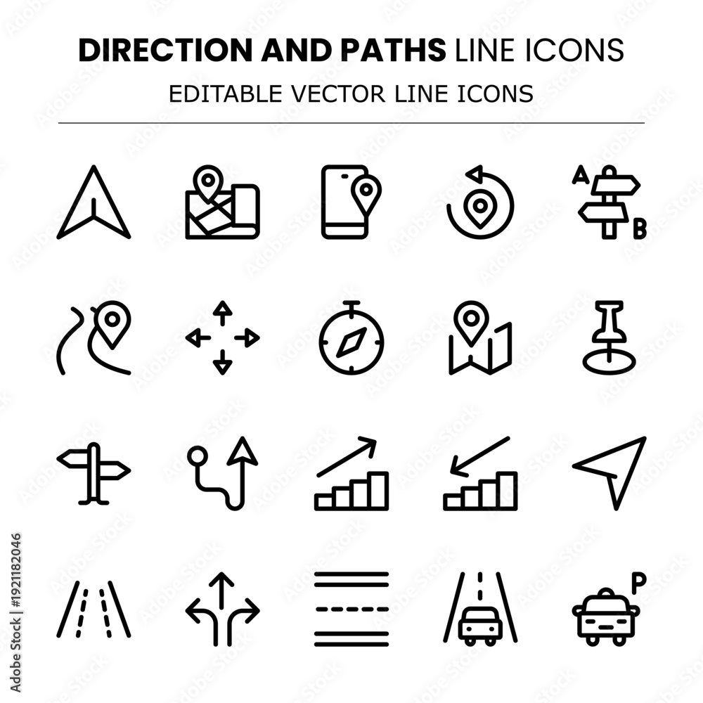 Fototapeta premium Direction And Paths Line Icon Set Featuring Minimal Modern Editable Vector Icons With Pixel-Perfect Precision And Unique Clean Design Elements