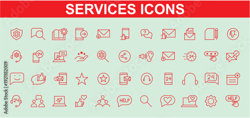 Communication and Service Icons - Red Line Art on Light Green Backdrop