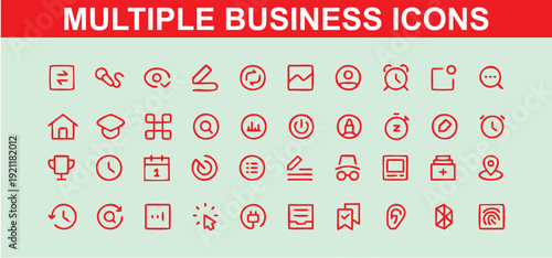 Multiple Business and Finance Icons - Red Line Art on Light Green
