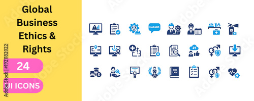 Global business ethics and corporate rights UI icon set. Compliance, hazard warning, legal document, human resources, gender equality, workplace safety