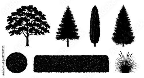 diverse tree and plant silhouettes vector graphics set for landscape design architectural plans and urban garden layout projects.
