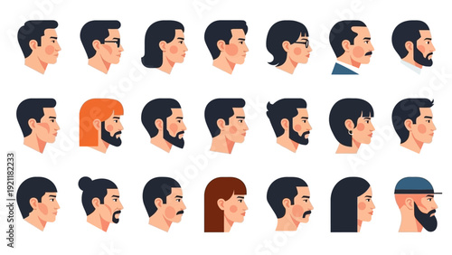 diverse vector human profiles depicting men and women with varied hairstyles facial hair and accessories for identity demographics and user avatars.