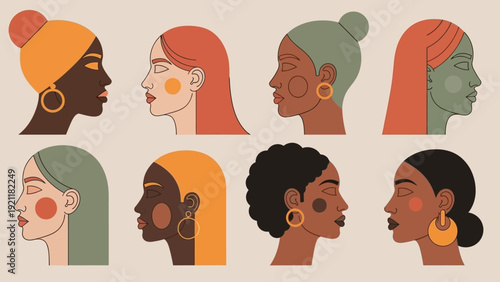 diverse women profiles in minimalist illustration showcasing various skin tones and hair celebrating female beauty inclusion and empowerment.