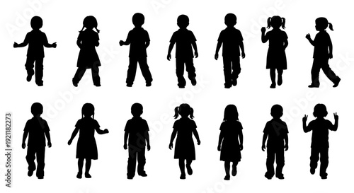 diverse young children silhouettes standing walking and posing depicting childhood development and activity for educational design.