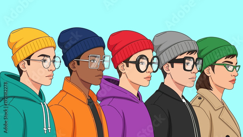 diverse young people in colorful beanies and trendy glasses showcasing gen z urban fashion and inclusive modern youth culture.