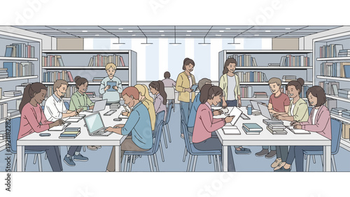 diverse young students engaged in collaborative learning using laptops and reading books in a modern productive library