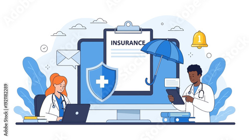 doctors managing digital health insurance plans and online medical services ensuring secure patient coverage and professional support.