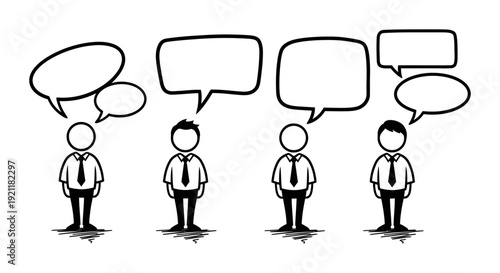 doodle business people conversing sharing ideas with speech bubbles illustrating communication teamwork discussion and problem-solving.