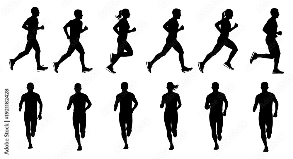 Fototapeta premium dynamic silhouettes of diverse male and female runners in motion representing fitness health and an active lifestyle for sports and training.