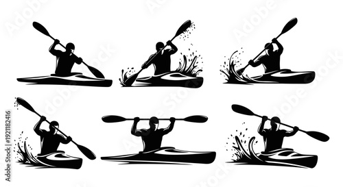 dynamic silhouette illustrations of kayakers paddling fiercely creating splashes in competitive water sports perfect for athletic branding and design projects.